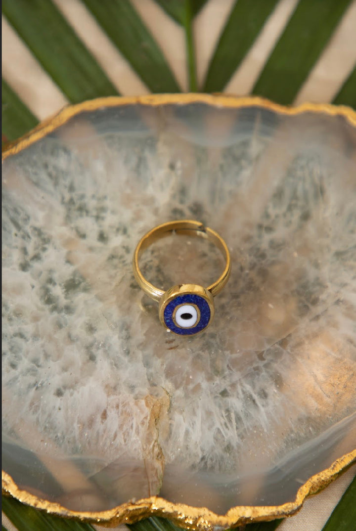 Lapis Evil Eye brass ring. Adjustable. Size 5-7