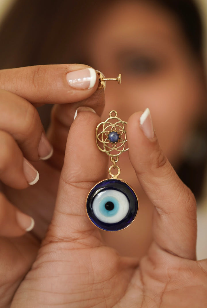 Lapis Flower of life with evil eye brass earrings.