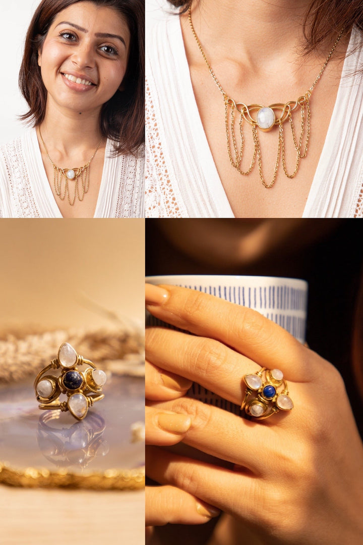 Moonstone gypsy necklace + lapis petal ring adjustable combo (2)