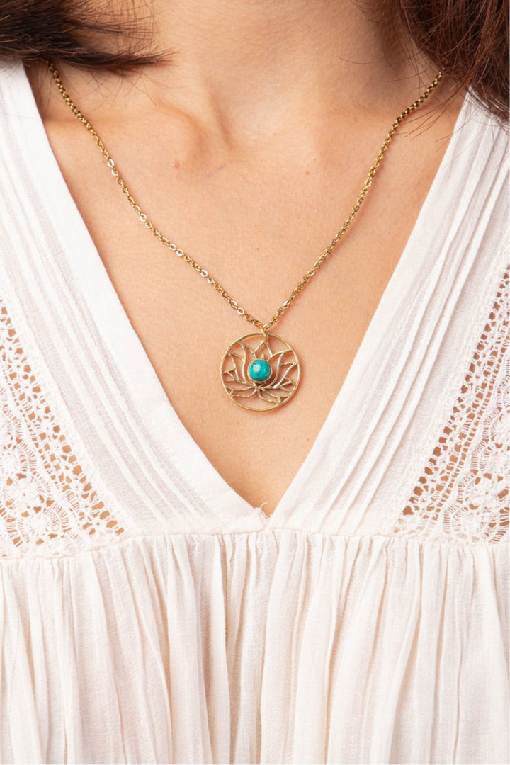 Turquoise lotus pencil drop earring + lotus short necklace combo (2)