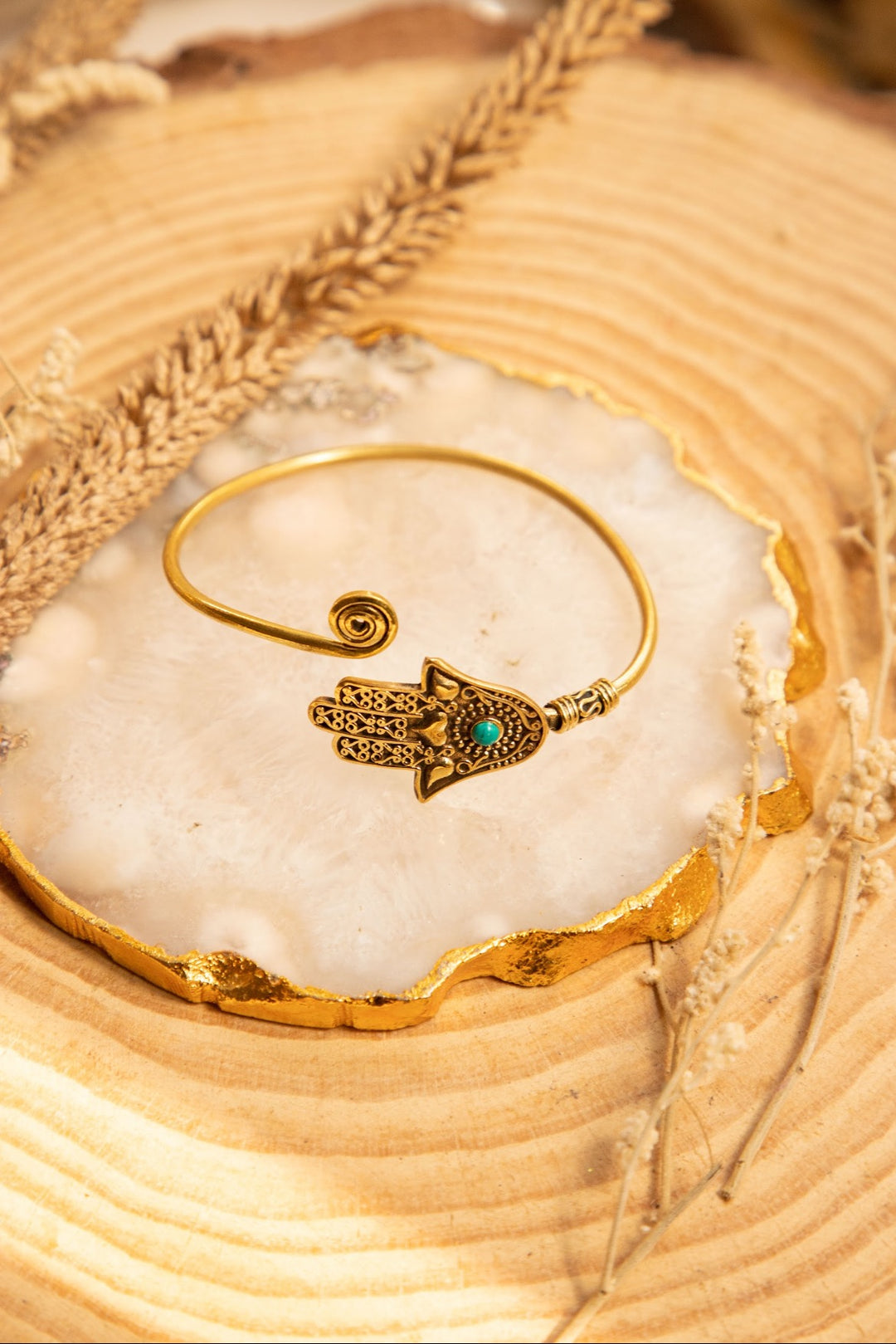 Hamsa brass hand cuff with turquoise stone