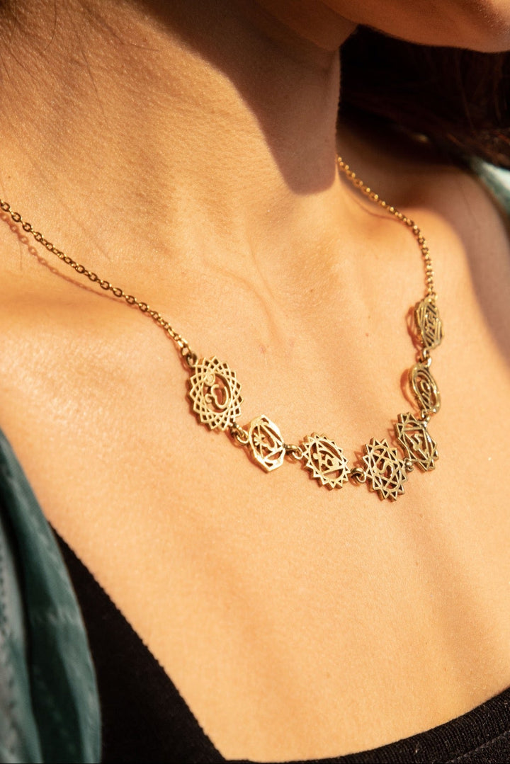 Seven chakra necklace + Labradorite flower of life adjustable ring combo (2)