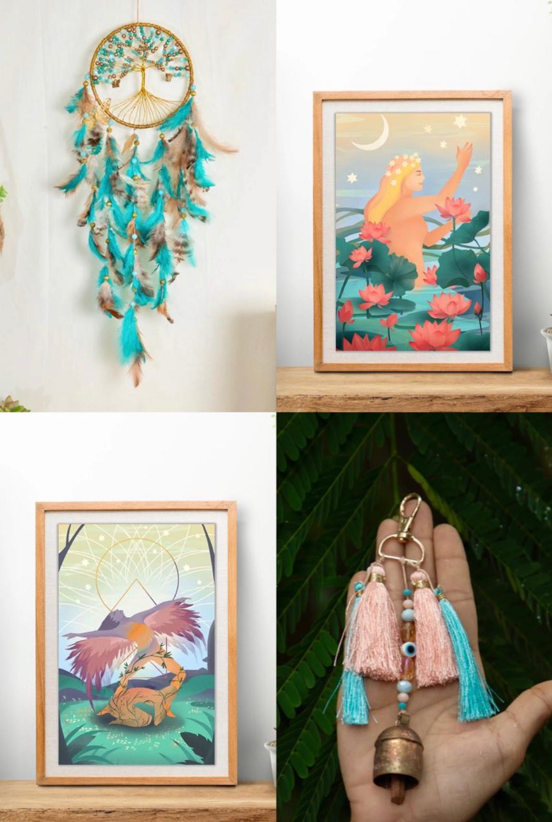 Gentle windchime keychain + Turquoise tree of life + New vision art print for charity + Creativity art print for charity - Combo (4)