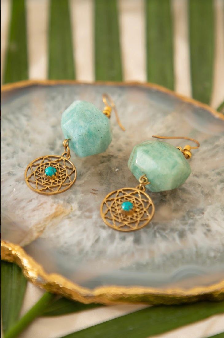 Aquamarine brass drop earrings