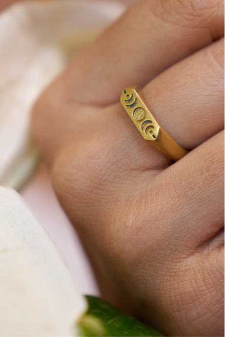 Moon phase engraved ring