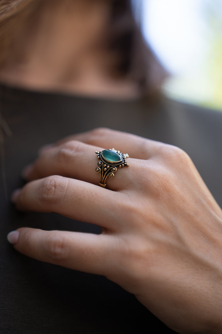 Green Onyx Marquise Brass Ring. size 6-9 Adjustable