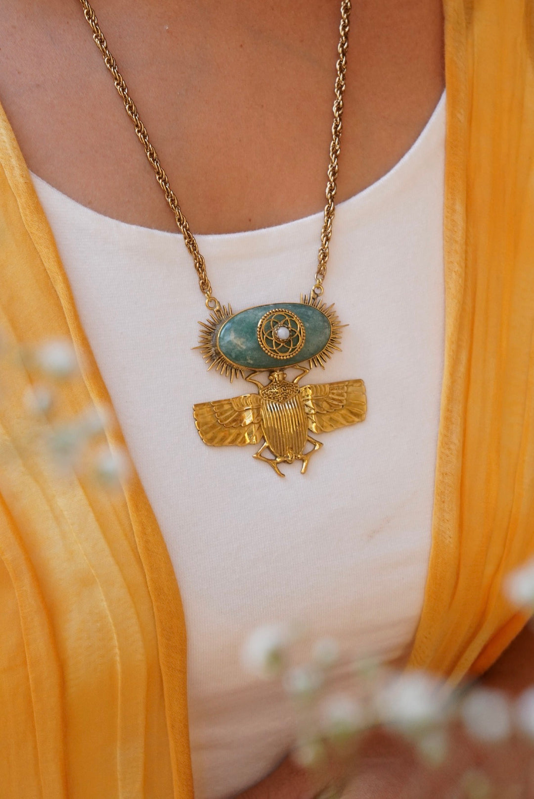 Scarab long chain with aquamarine