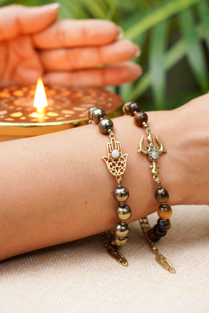 Tiger eye & pyrite stack of two bracelets