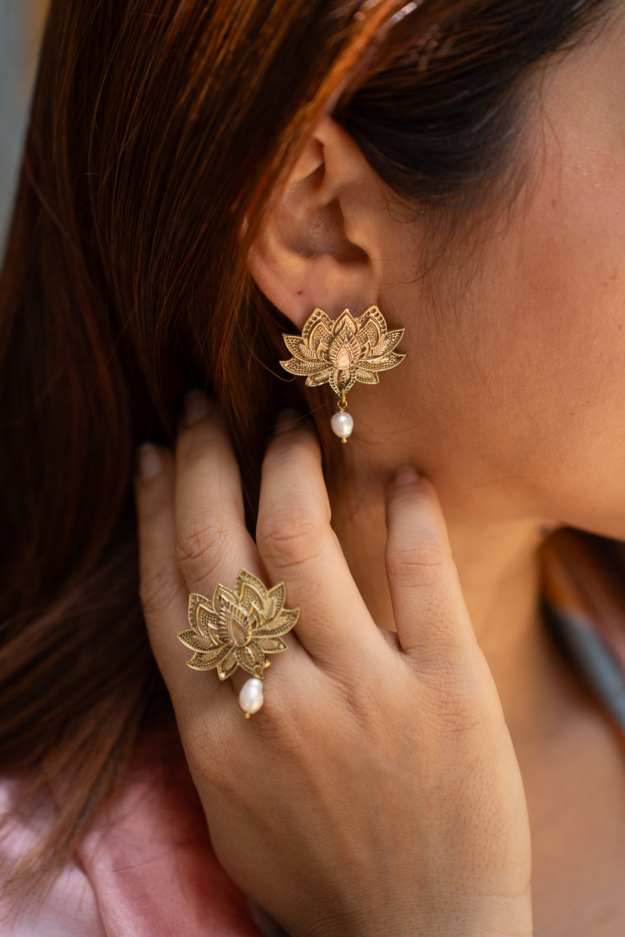 Lotus & Pearl Dangle Stud earrings