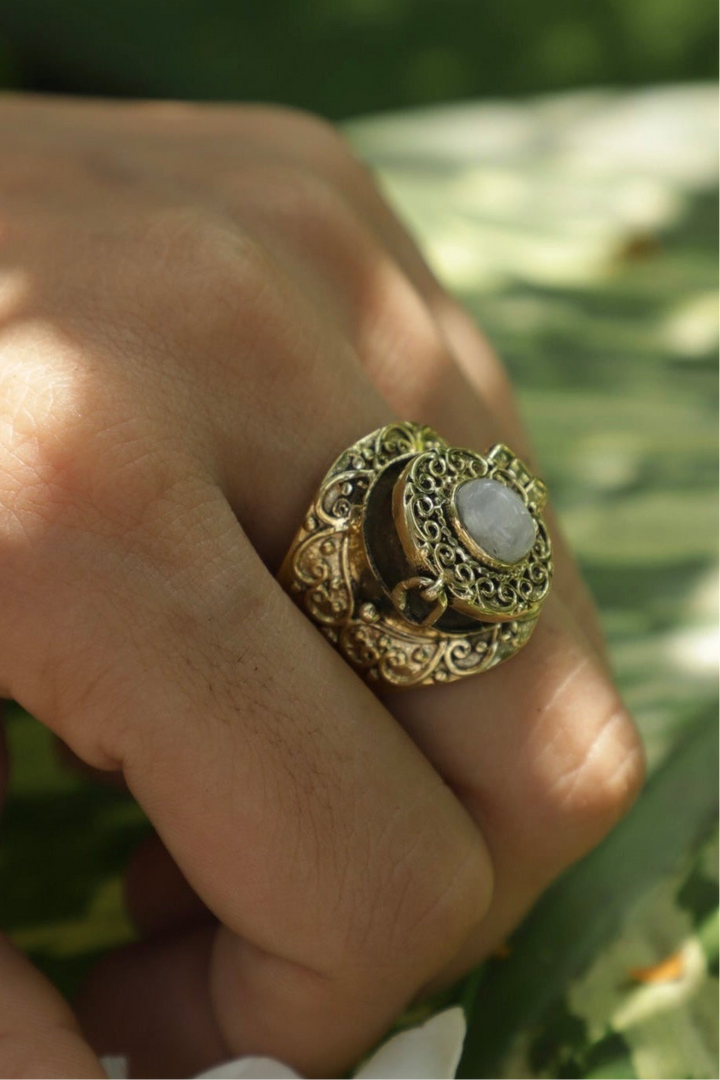 Moonstone brass poison ring. Adjustable. Size 5-8