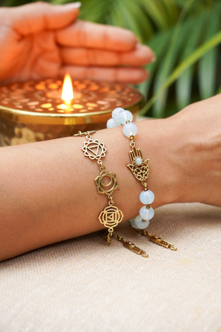 Seven chakra hamsa moonstone bracelet stackable combo