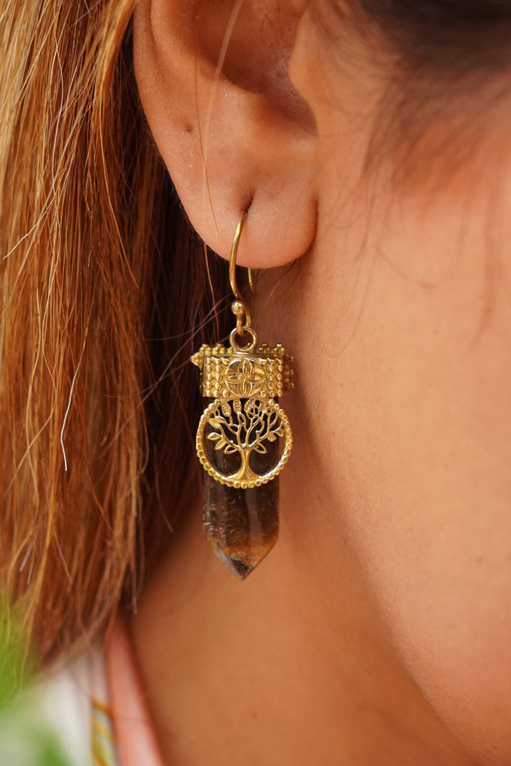 Eye of tiger brass earrings