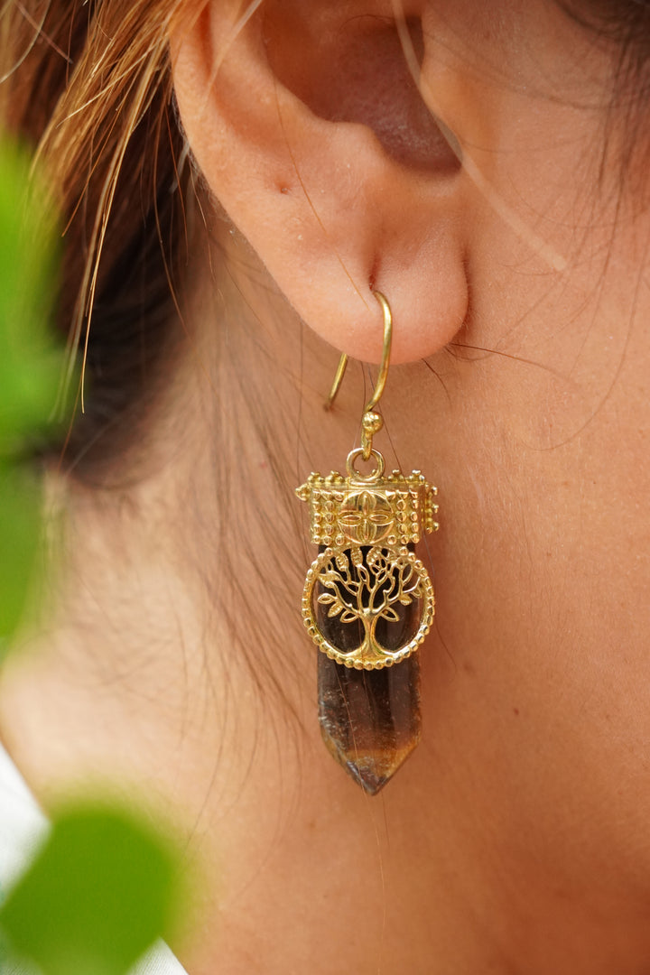 Eye of tiger brass earrings