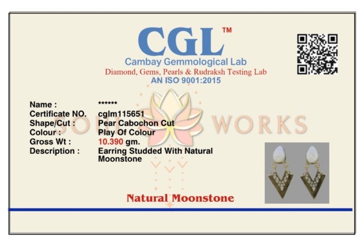 Moonstone triangle brass drop earrings