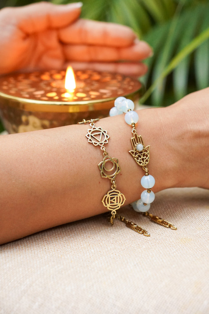 Seven chakra hamsa moonstone bracelet stackable combo