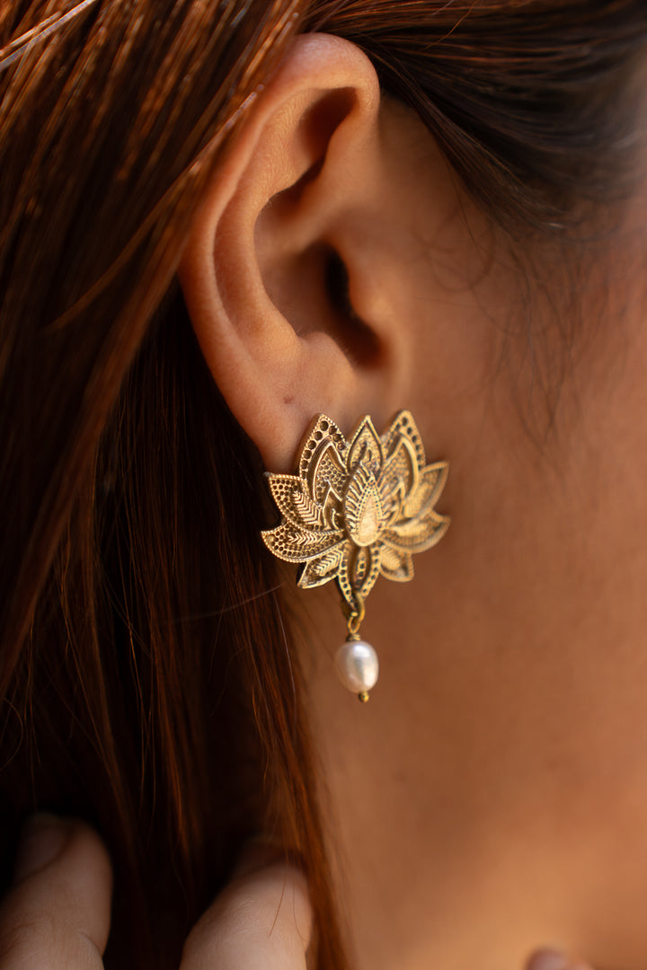 Lotus & Pearl Dangle Stud earrings