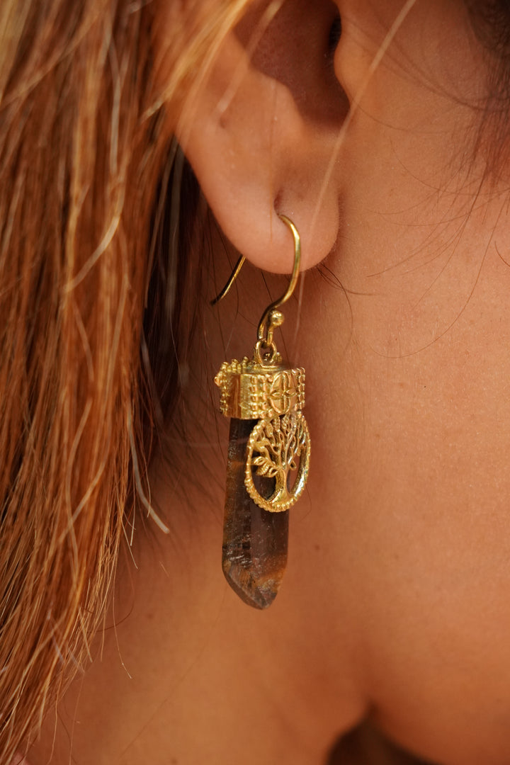 Eye of tiger brass earrings