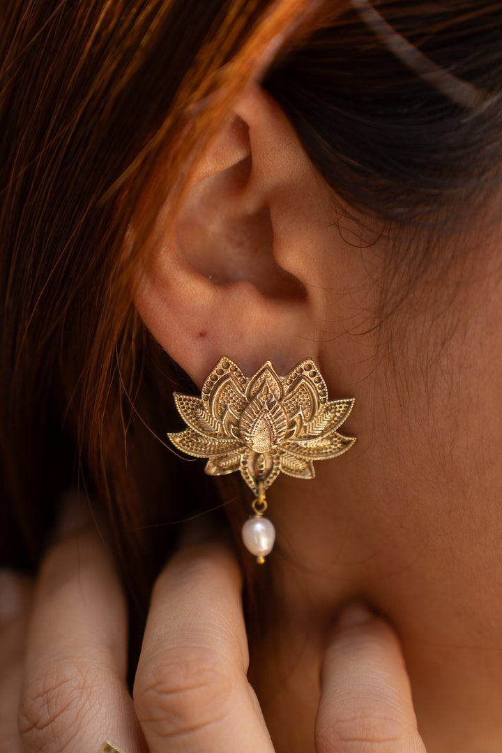 Lotus & Pearl Dangle Stud earrings