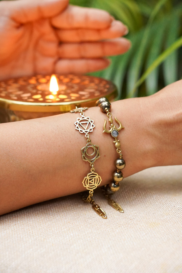 Seven chakra trishul pyrite bracelet stackable combo