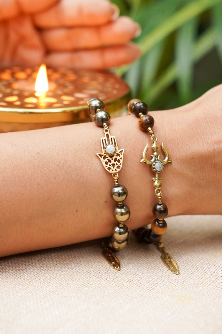 Tiger eye & pyrite stack of two bracelets