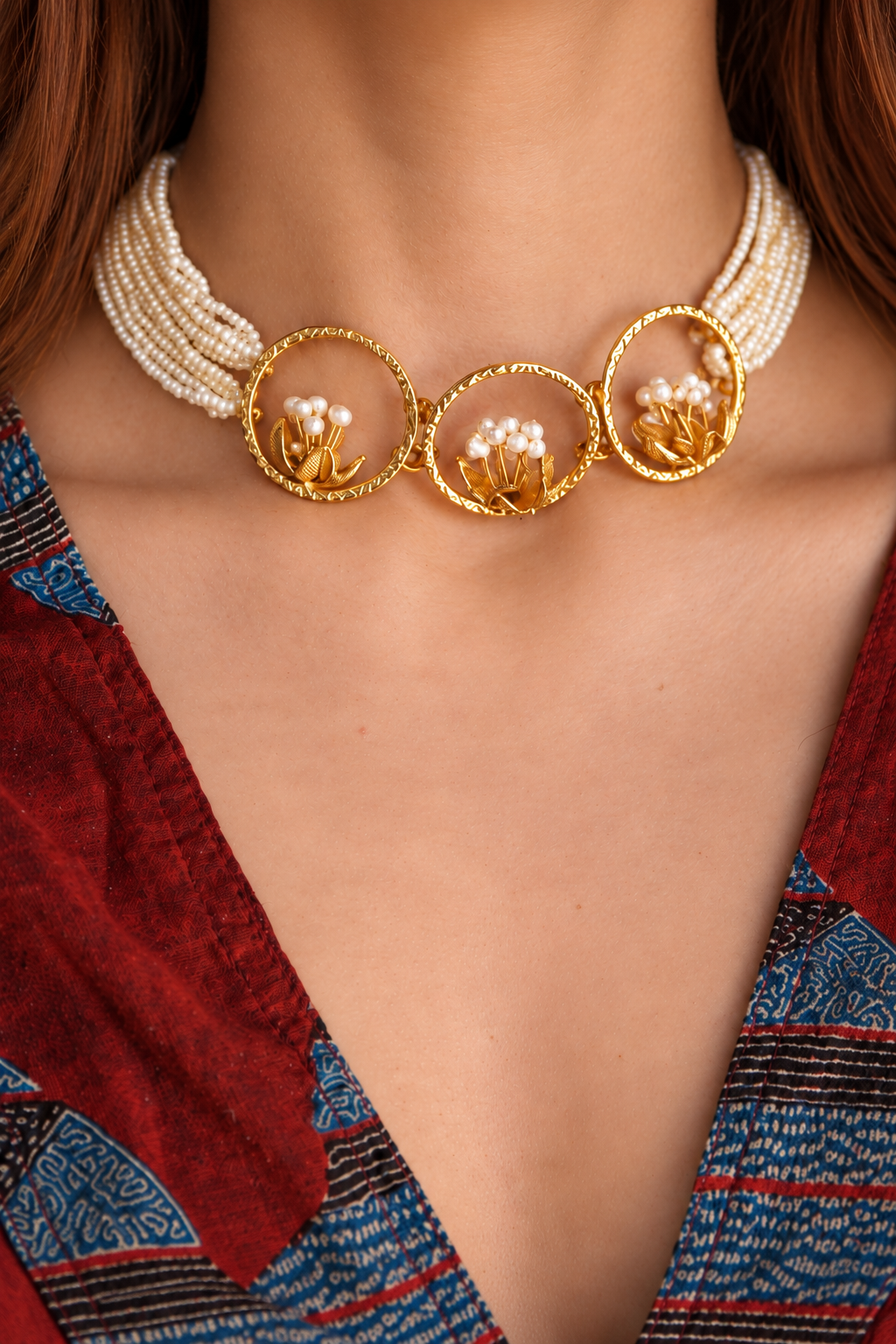 Pearl Blossom Trio Brass Gold Plated Choker