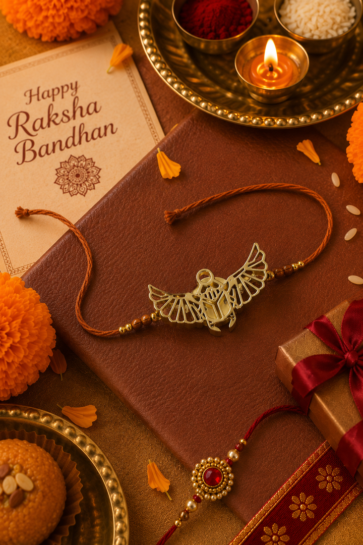 Mystic beatle brass rakhi cum Button holder with rice, haldi & kum kum dibbi gift pack.
