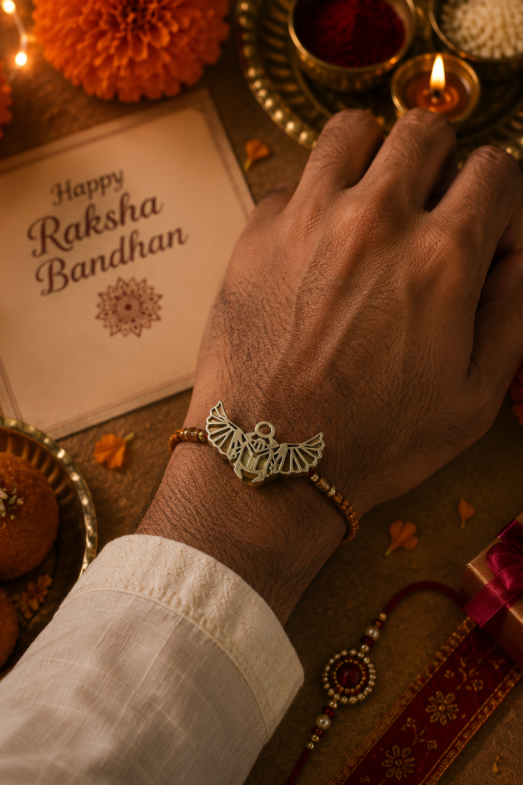 Mystic beatle brass rakhi cum Button holder with rice, haldi & kum kum dibbi gift pack.