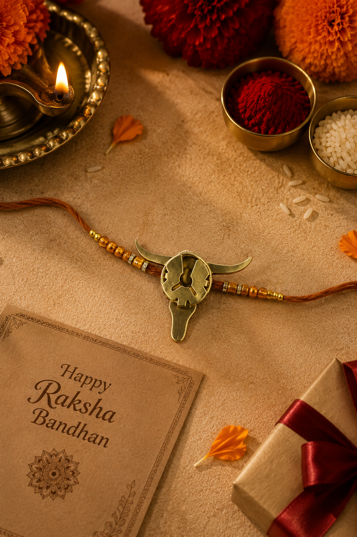 Boho bull brass rakhi cum Button holder with rice, haldi & kum kum dibbi gift pack.