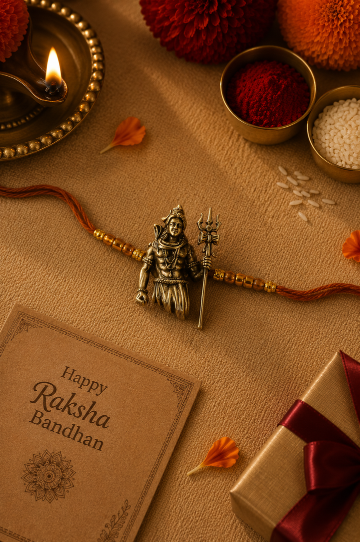 Mahakal brass rakhi cum button holder with rice, haldi & kum kum dibbi gift pack.