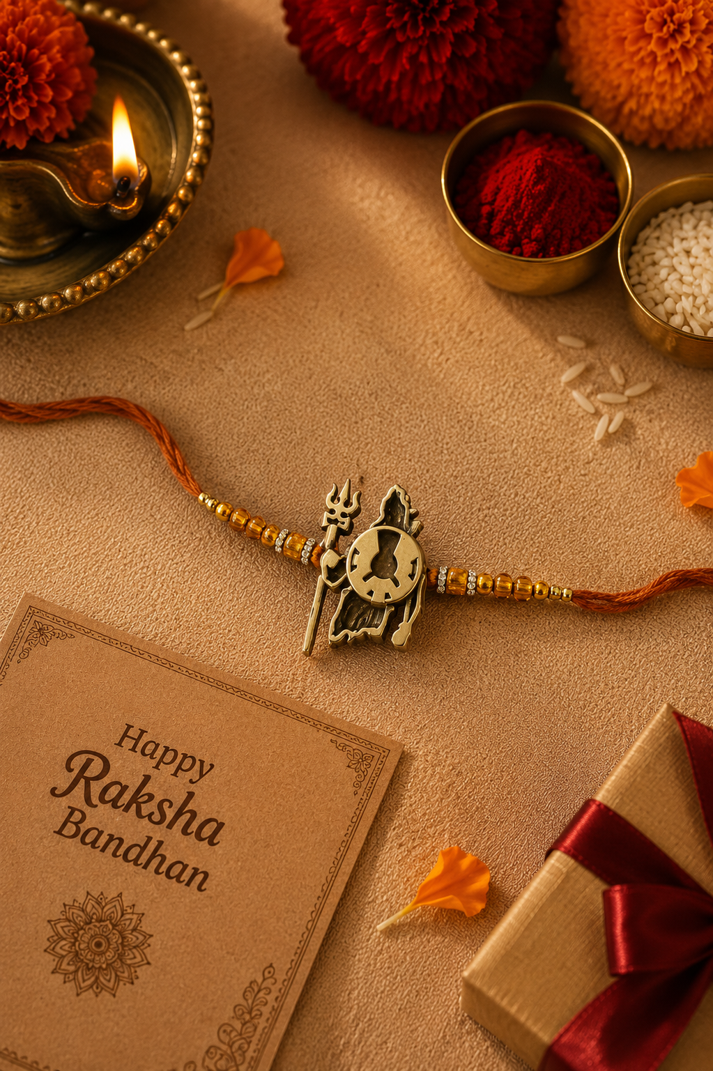 Mahakal brass rakhi cum button holder with rice, haldi & kum kum dibbi gift pack.