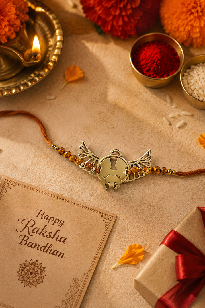 Mystic beatle brass rakhi cum Button holder with rice, haldi & kum kum dibbi gift pack.