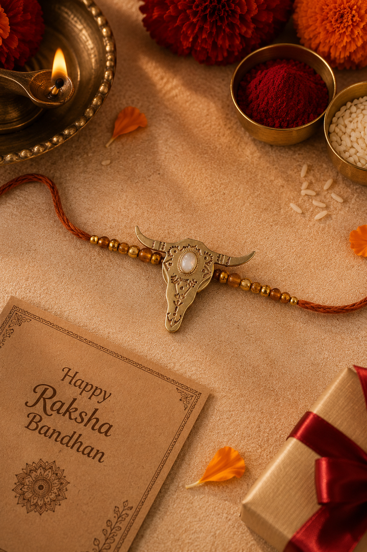 Boho bull brass rakhi cum Button holder with rice, haldi & kum kum dibbi gift pack.