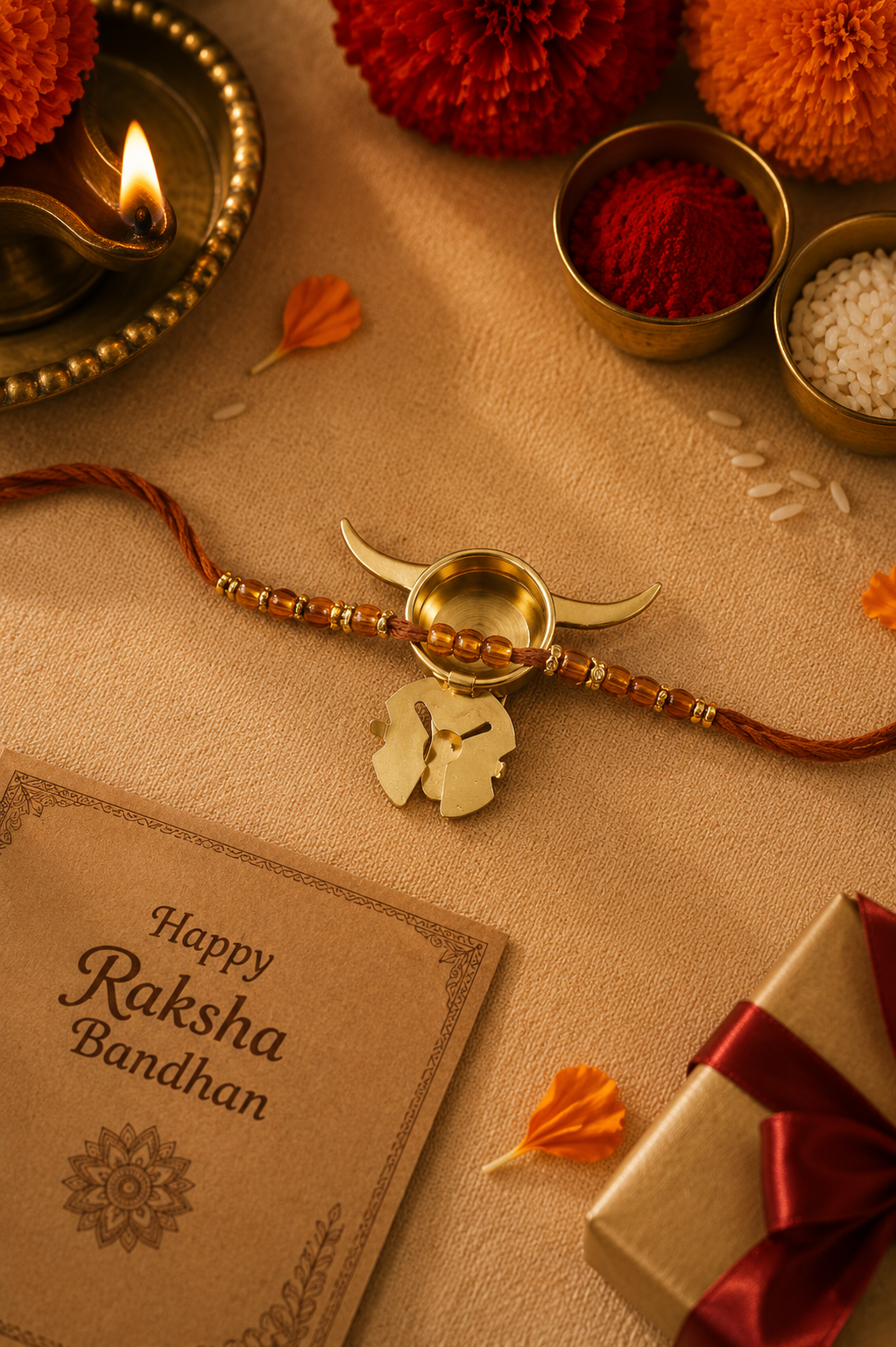 Boho bull brass rakhi cum Button holder with rice, haldi & kum kum dibbi gift pack.
