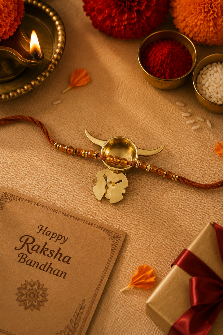Boho bull brass rakhi cum Button holder with rice, haldi & kum kum dibbi gift pack.