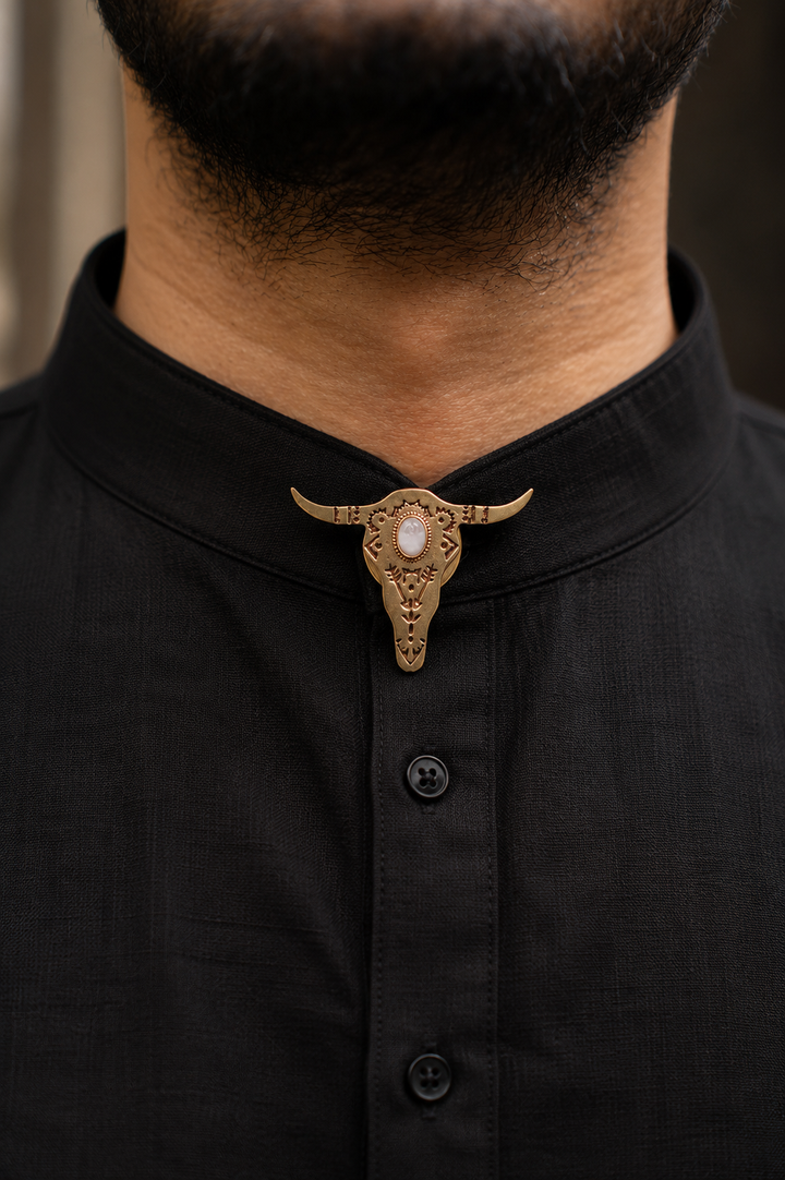 Boho bull brass rakhi cum Button holder with rice, haldi & kum kum dibbi gift pack.