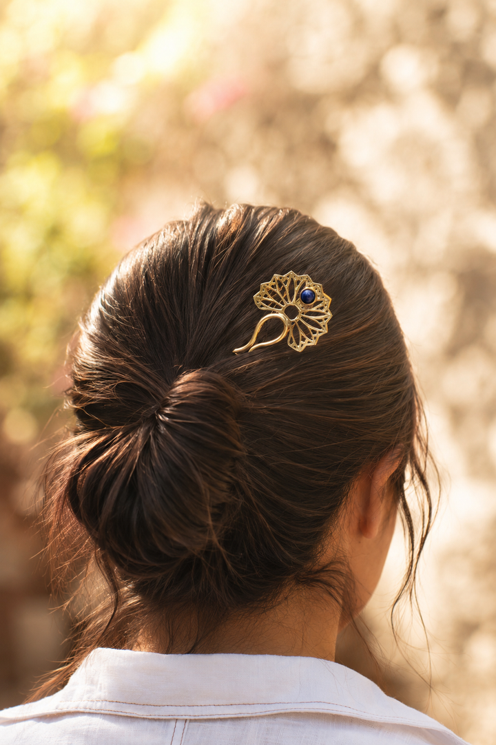 Lapis Brass Hair Stick