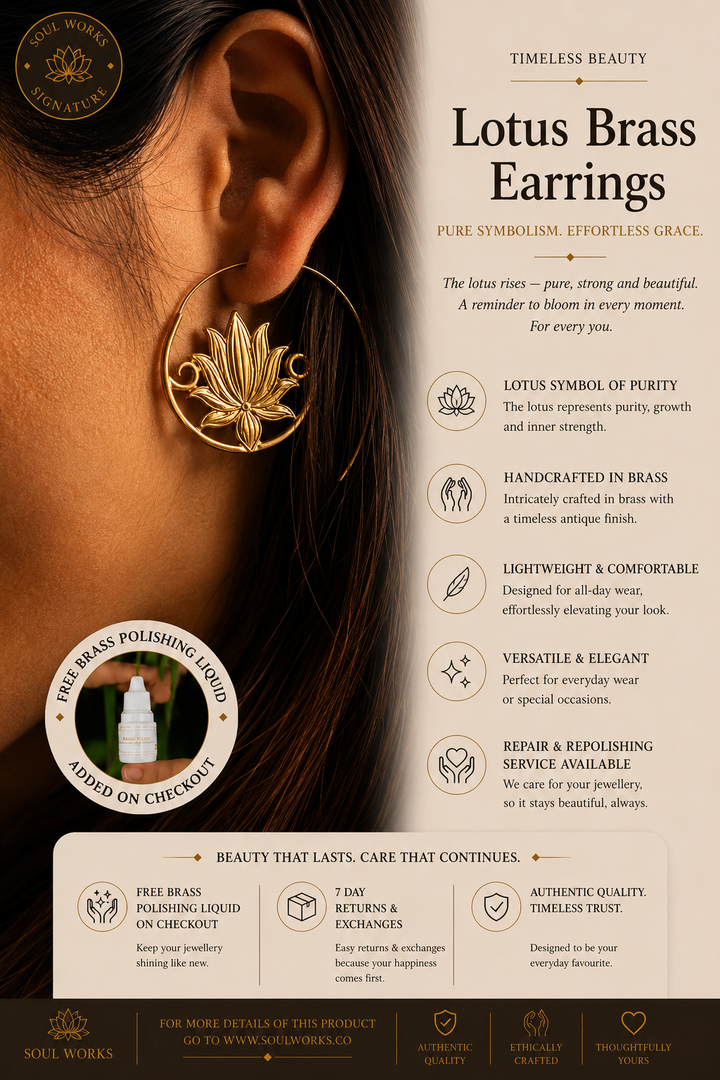 Pure brass lotus hoop earrings with an intricate floral design, styled elegantly against the ear with a lightweight bohemian jewellery aesthetic and handcrafted artisanal detailing.