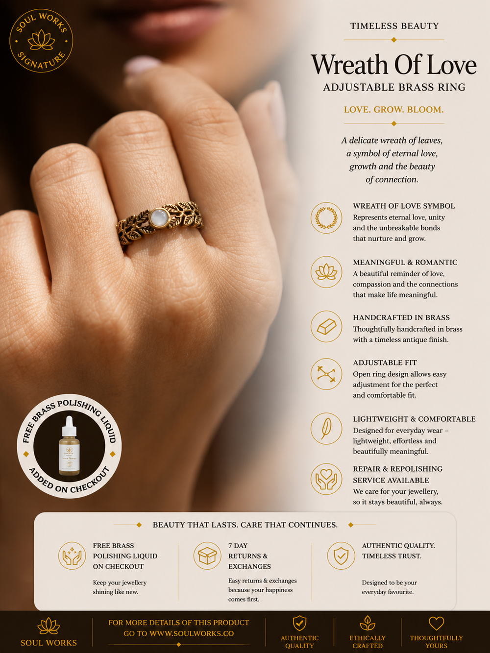 Wreath of Love adjustable pure brass ring featuring delicate leaf-inspired detailing and a luminous central stone, styled on the hand with a minimalist bohemian jewellery aesthetic and handcrafted elegance.