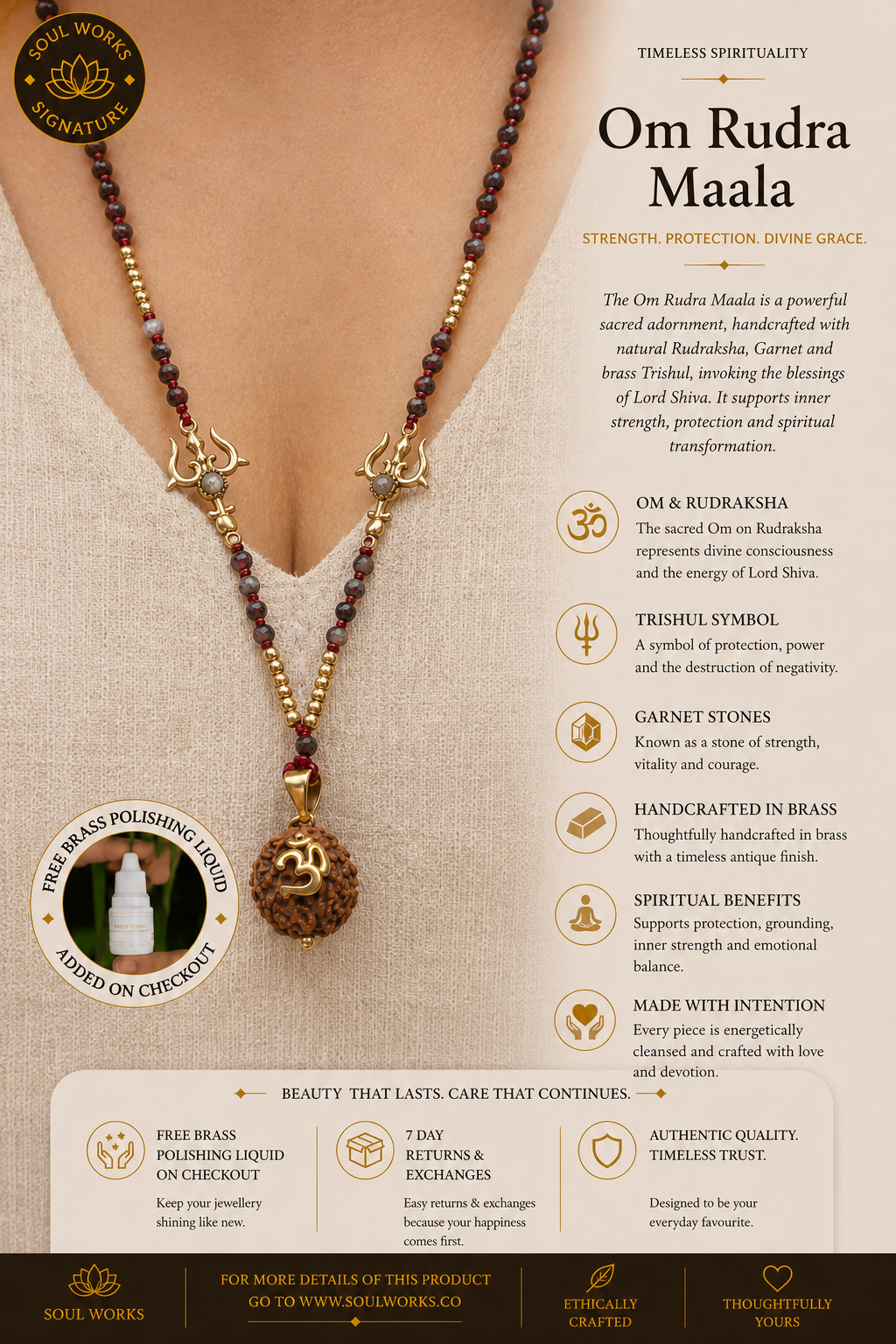 Om Rudra Maala handcrafted with sacred Rudraksha beads, brass accents, and symbolic Trishul charms, designed to channel spiritual strength, protection, and grounding energy. A bold statement mala blending traditional devotion with bohemian elegance.