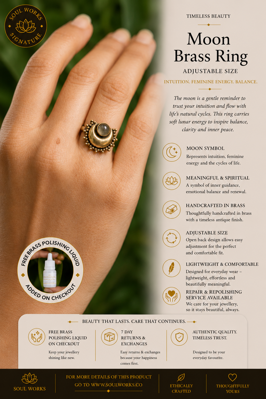 Moon Brass Ring featuring a celestial crescent moon design with a natural dark stone centerpiece, handcrafted in antique brass for a mystical bohemian aesthetic. Adjustable size for a comfortable everyday fit.