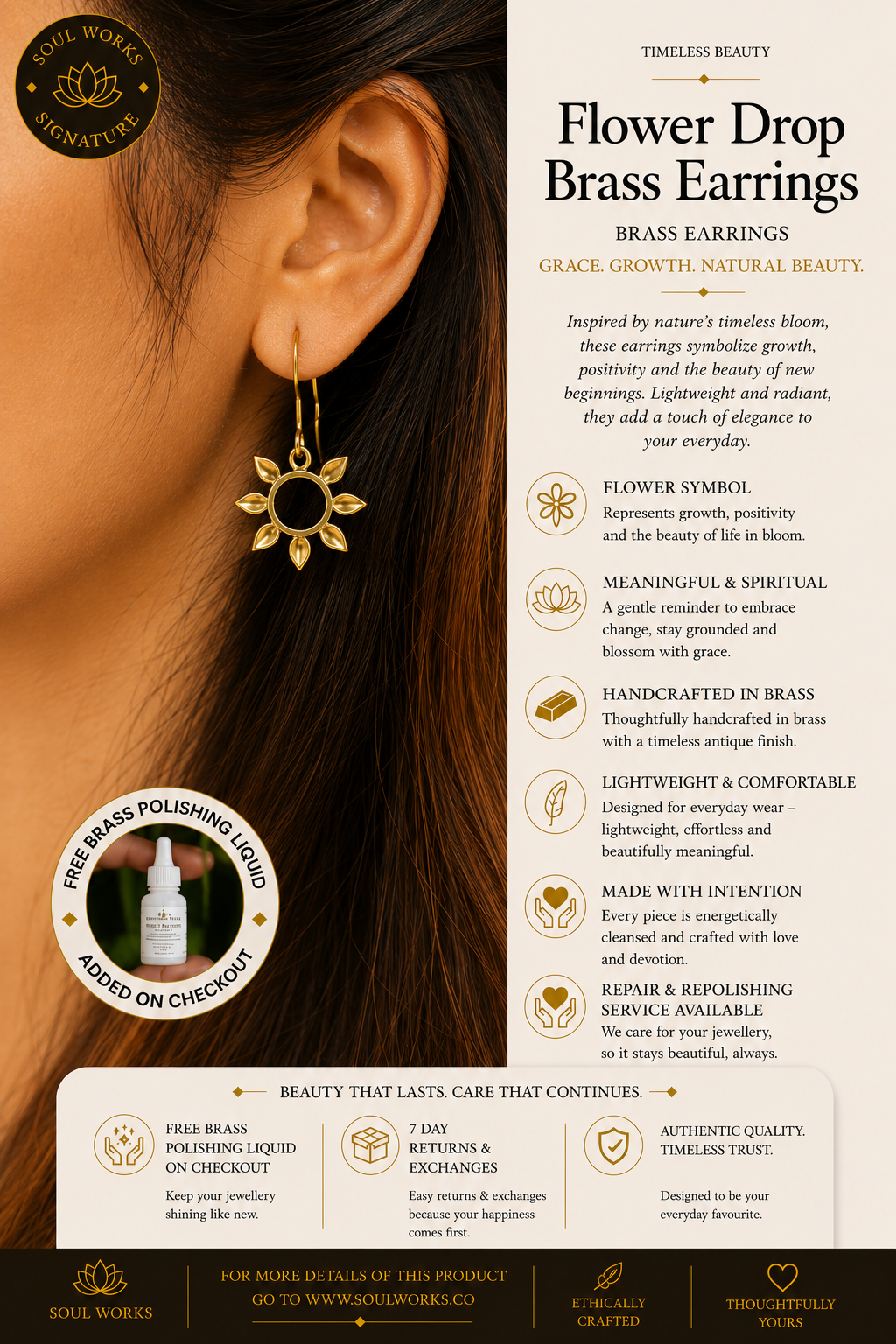 Flower Drop Brass Earrings handcrafted in radiant brass with a delicate floral sun-inspired design, bringing together minimal elegance and free-spirited bohemian charm. Lightweight and perfect for everyday wear or festival styling.