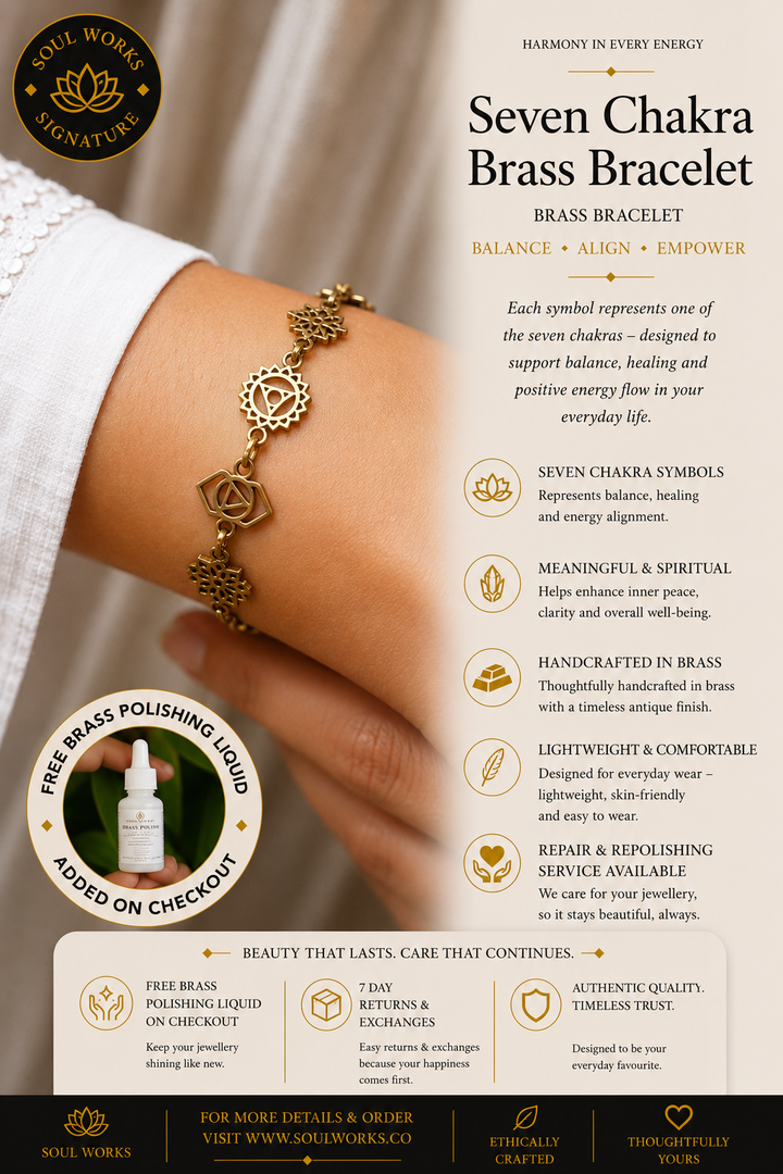 Seven Chakra Bracelet handcrafted in antique brass with sacred chakra symbols representing balance, healing, and spiritual alignment. A meaningful bohemian accessory designed to inspire mindfulness, positive energy, and inner harmony.