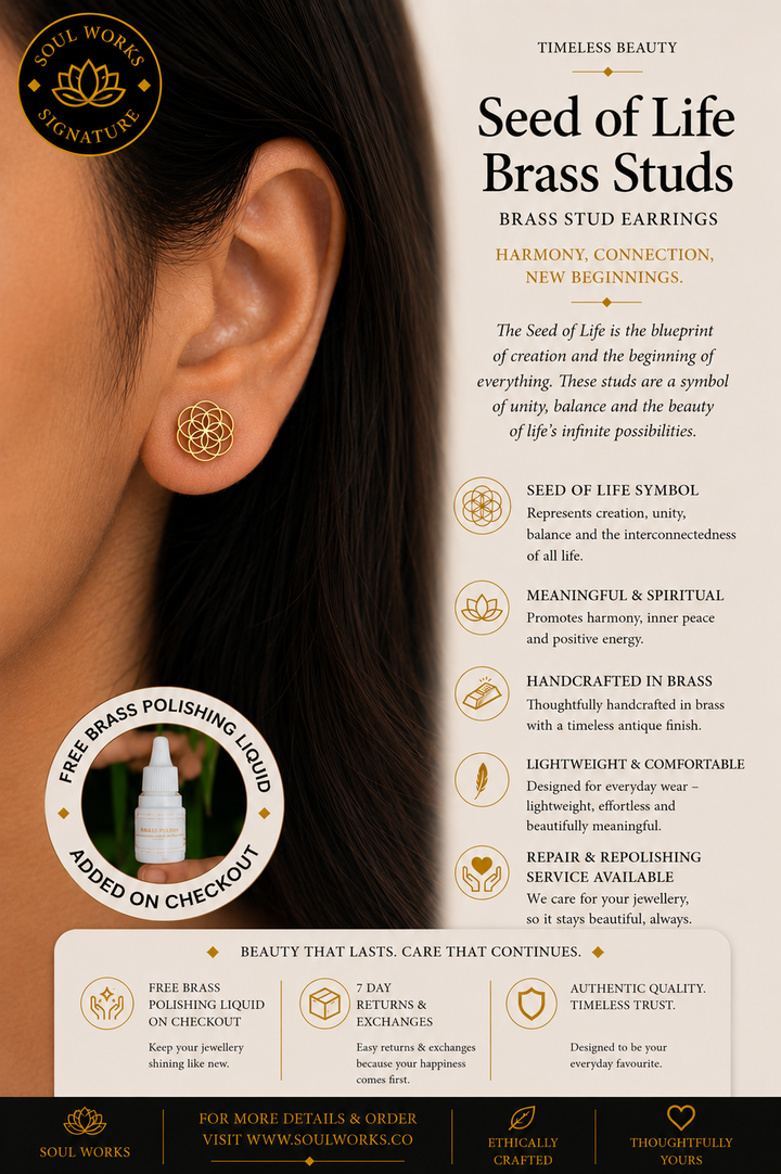 Seed of Life brass studs featuring delicate sacred geometry detailing in a minimalist floral pattern, styled as elegant everyday bohemian earrings with handcrafted spiritual symbolism.