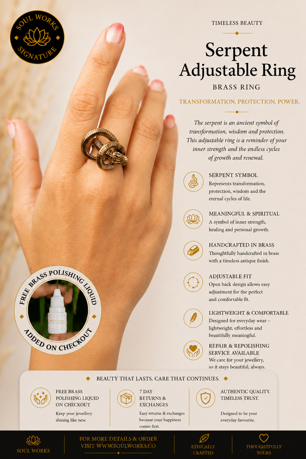 Serpent adjustable pure brass ring featuring an intricately coiled snake design with textured detailing, styled on the hand as a bold bohemian statement jewellery piece with mystical symbolic charm.