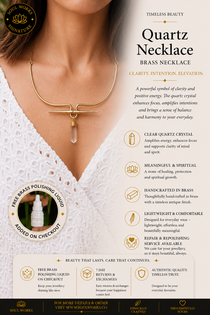 Quartz necklace in pure brass featuring a minimalist curved bar design with a suspended clear quartz crystal pendant, styled as an elegant bohemian statement jewellery piece with modern spiritual detailing.
