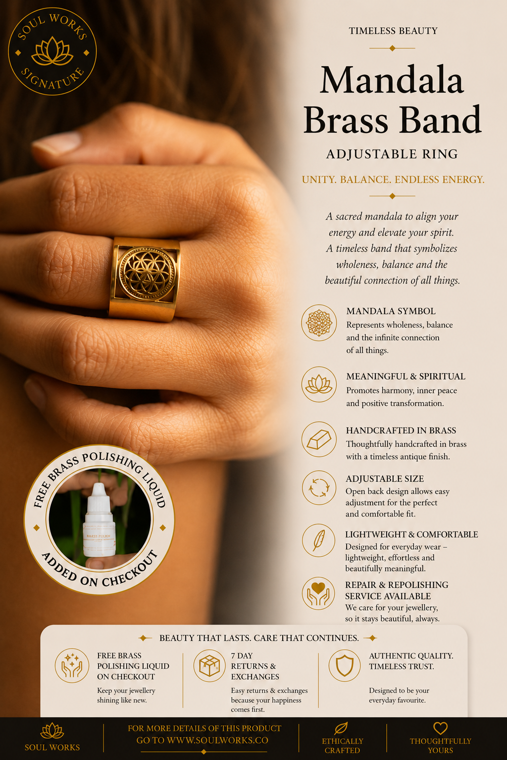 Mandala adjustable pure brass band ring featuring intricate sacred geometric detailing with a bold handcrafted design, styled on the hand with a minimalist bohemian jewellery aesthetic and spiritual elegance.