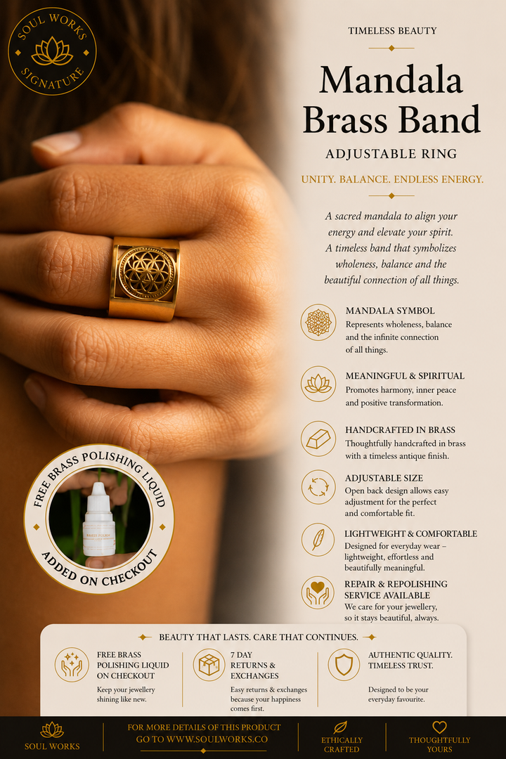 Mandala adjustable pure brass band ring featuring intricate sacred geometric detailing with a bold handcrafted design, styled on the hand with a minimalist bohemian jewellery aesthetic and spiritual elegance.