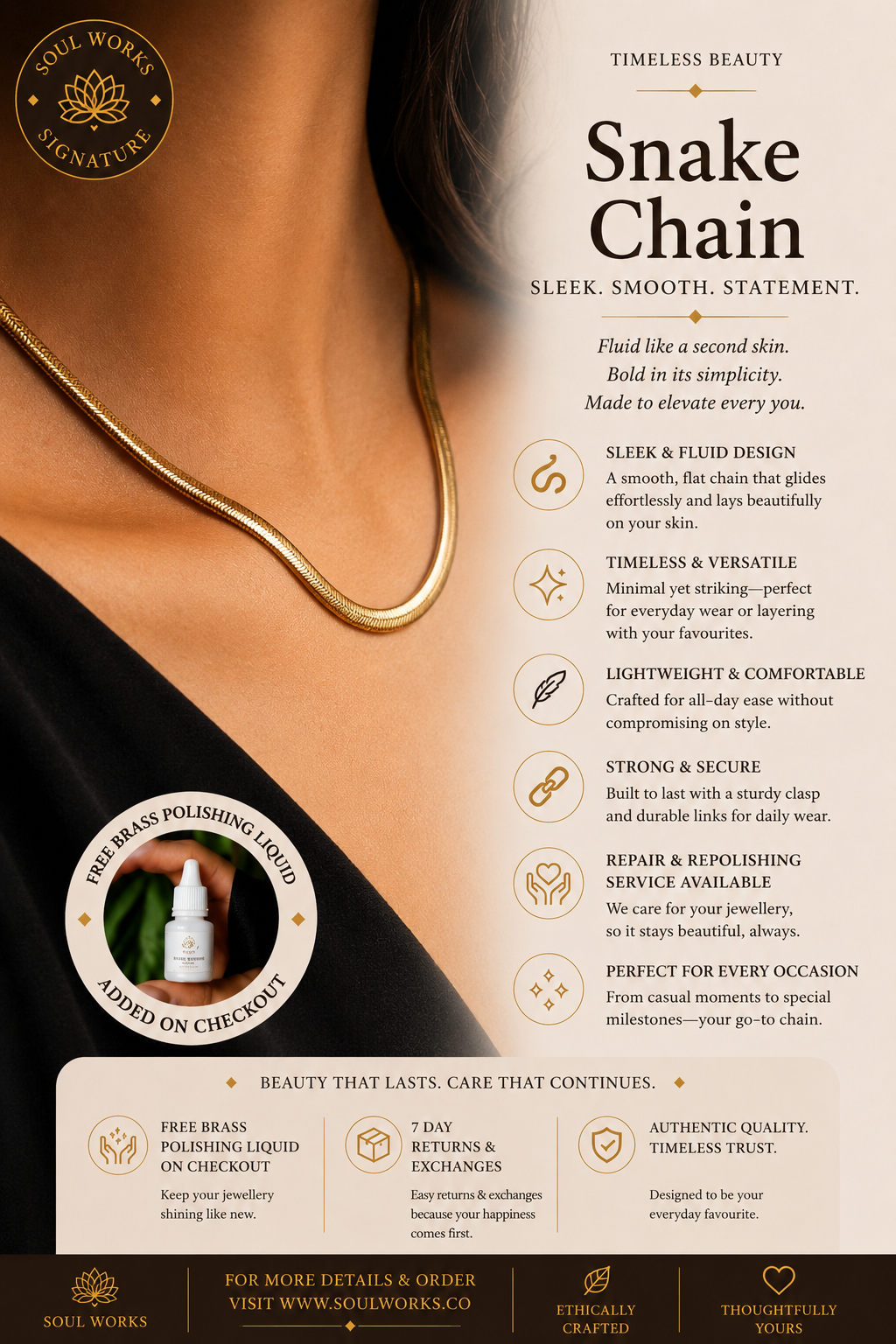 Elegant gold snake chain necklace resting gracefully along the collarbone, featuring a smooth fluid texture, minimalist modern jewellery design, and a luxurious polished finish for timeless everyday styling.