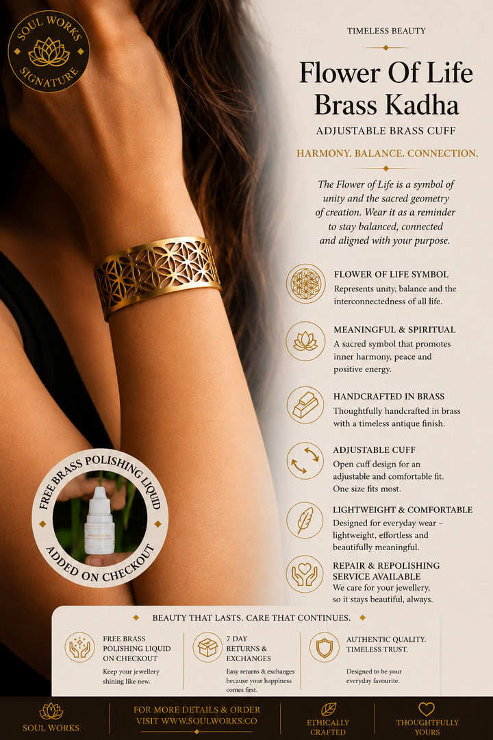Flower of Life adjustable pure brass kadha featuring intricate sacred geometry cutwork, styled on the wrist with a bold bohemian jewellery aesthetic and handcrafted spiritual detailing.