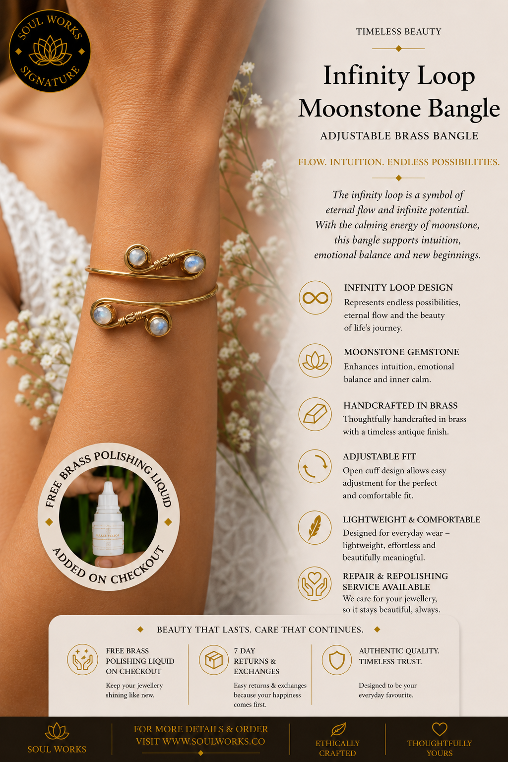 Infinity loop adjustable pure brass bangle featuring luminous moonstone accents and elegant wrapped detailing, styled on the wrist with a minimalist bohemian jewellery aesthetic and handcrafted spiritual charm.